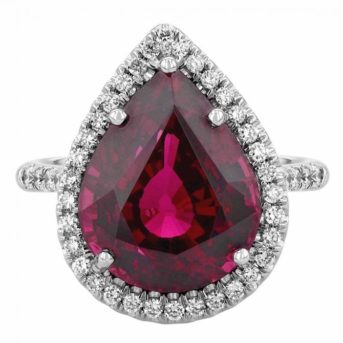 Pear Shaped Garnet & Diamond Halo Cocktail Ring in White Gold